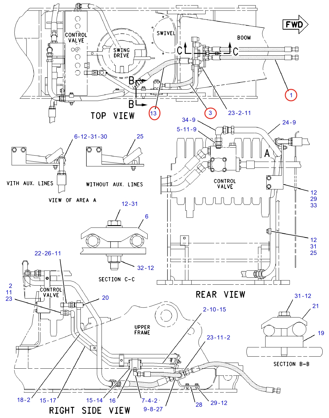 Caterpillar CAT®312B L installation diagram showing hydraulic hose 124-0868 at Pipe No. 1