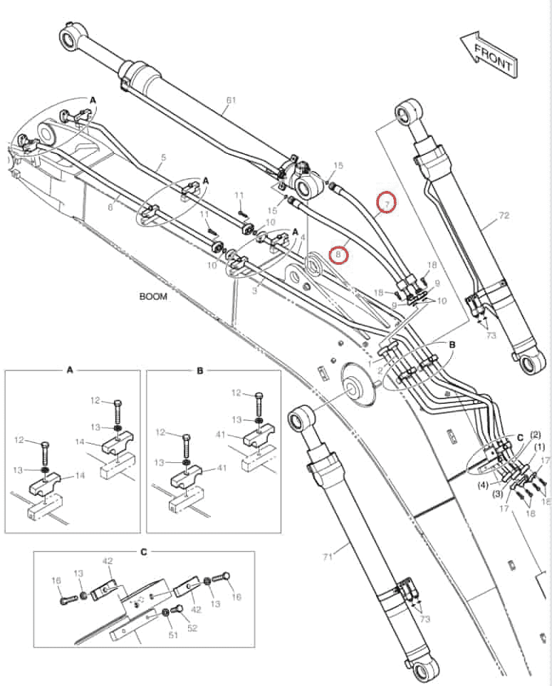 Doosan DX140LCR-3 installation diagram showing hydraulic hose DS2016252 at Pipe No. 8