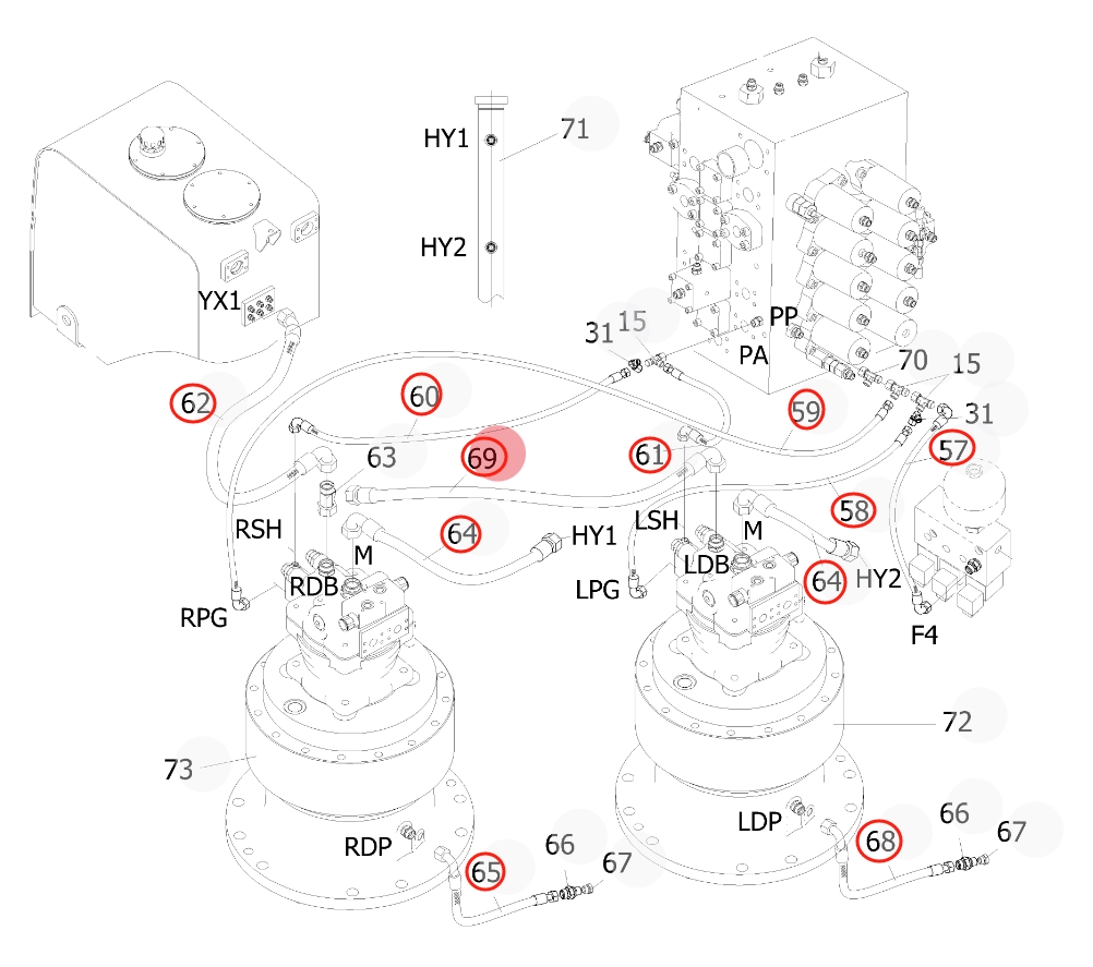 Sunward SWE500ES installation diagram showing hydraulic hose 730502003390 at Pipe No. 69
