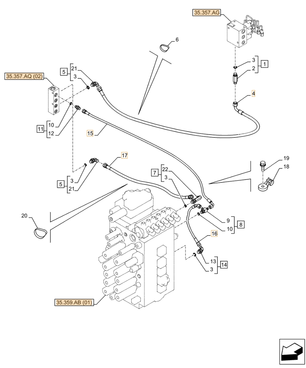 Case CX370D NLC installation diagram showing hydraulic hose KHJ2163 at Pipe No. 15