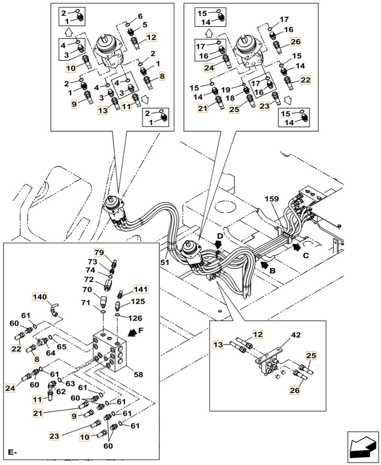 Case CX210C LC installation diagram showing hydraulic hose 159213A1 at Pipe No. 25
