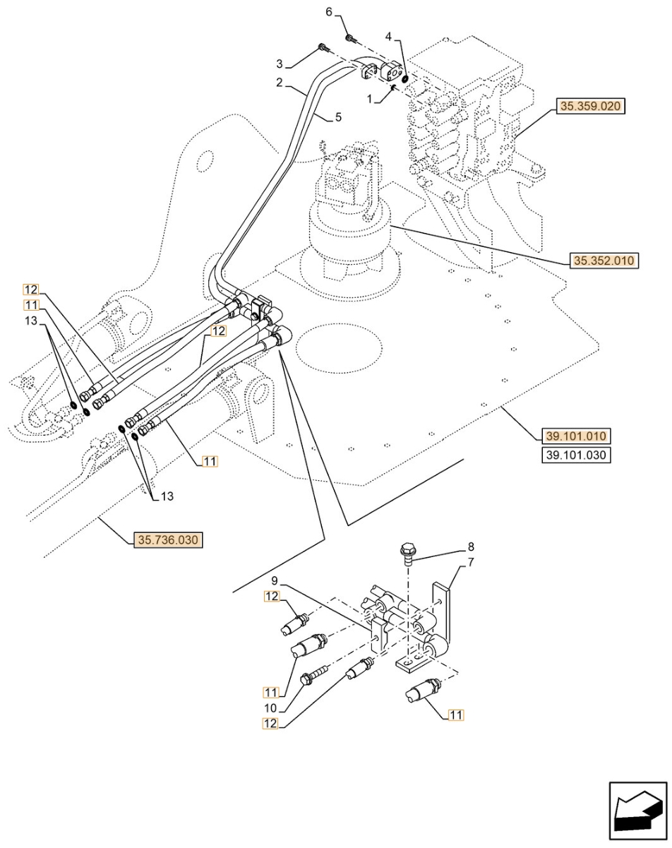 Case CX130E LC installation diagram showing hydraulic hose KLJ10660 at Pipe No. 11