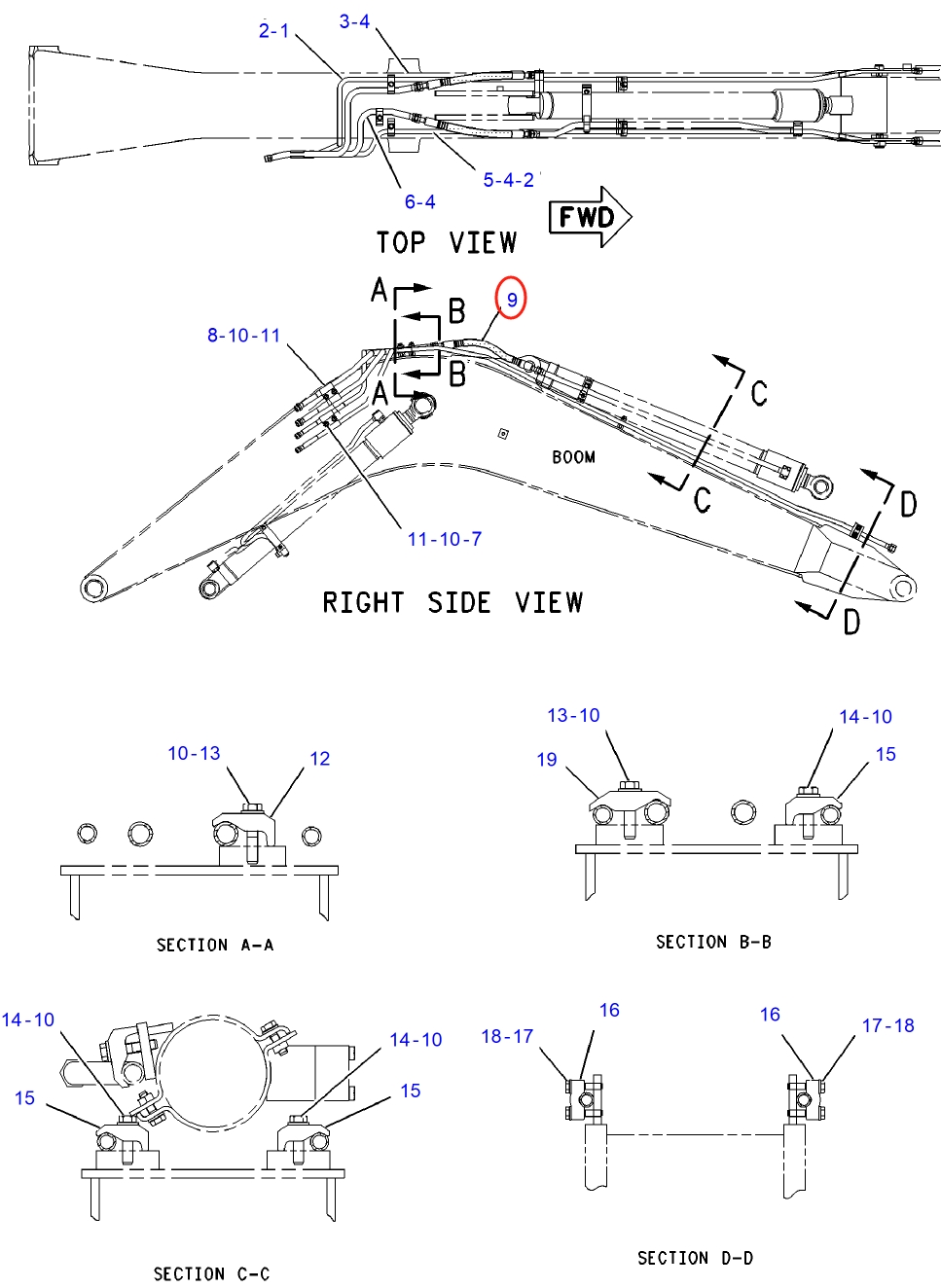 Caterpillar CAT®311C installation diagram showing hydraulic hose 131-9778 at Pipe No. 9