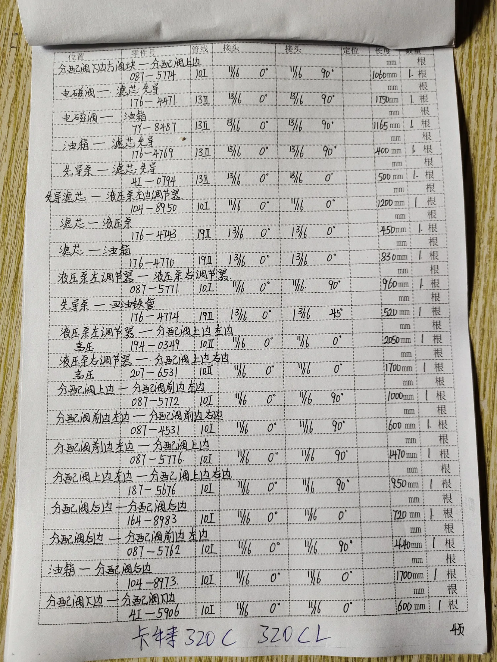 Caterpillar 320C hydraulic hose part numbers and recorded lengths — technician notebook page 4 of 5 — recorded hose parts 087-51P, AI-0794