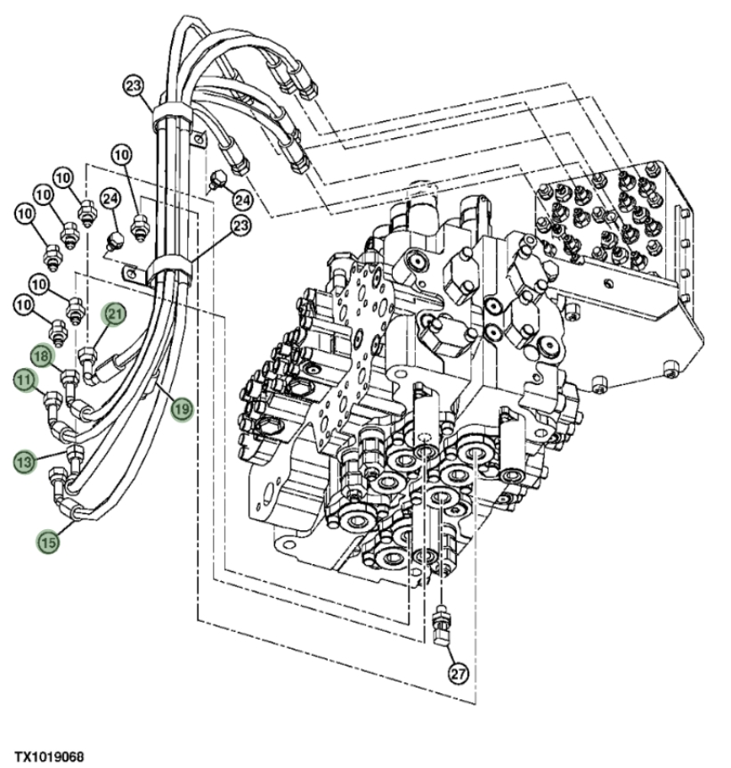 Hitachi ZX210F-3 installation diagram showing hydraulic hose 4630936 at Pipe No. 19
