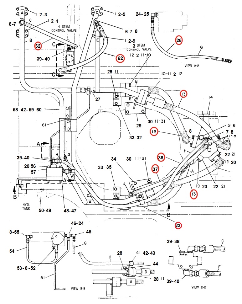 Caterpillar CAT®225B installation diagram showing hydraulic hose 3V-8853 at Pipe No. 62