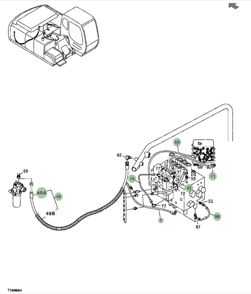 Hitachi ZX200F installation diagram showing hydraulic hose 4632041 at Pipe No. 74