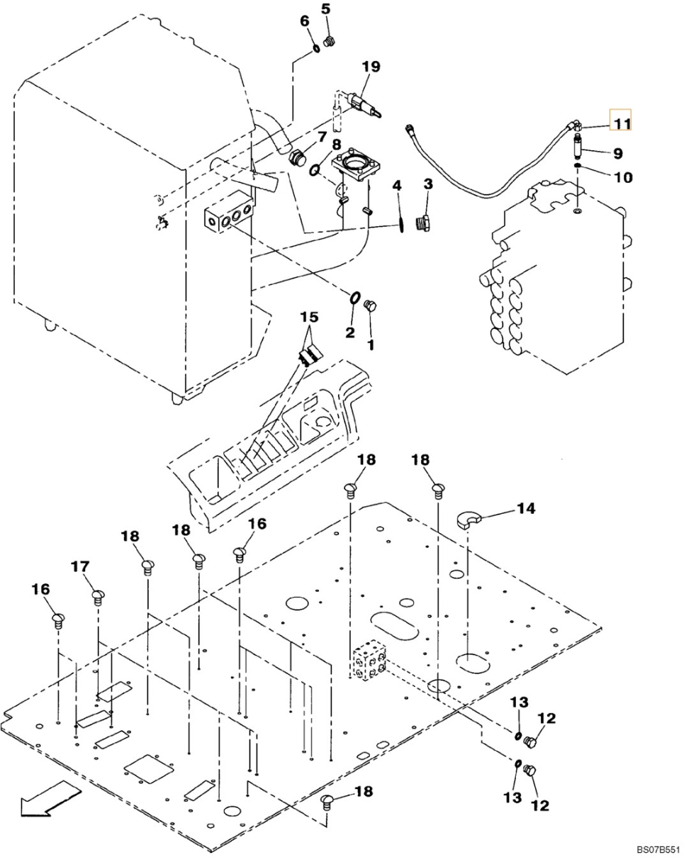 Case CX210B installation diagram showing hydraulic hose KHJ2249 at Pipe No. 11