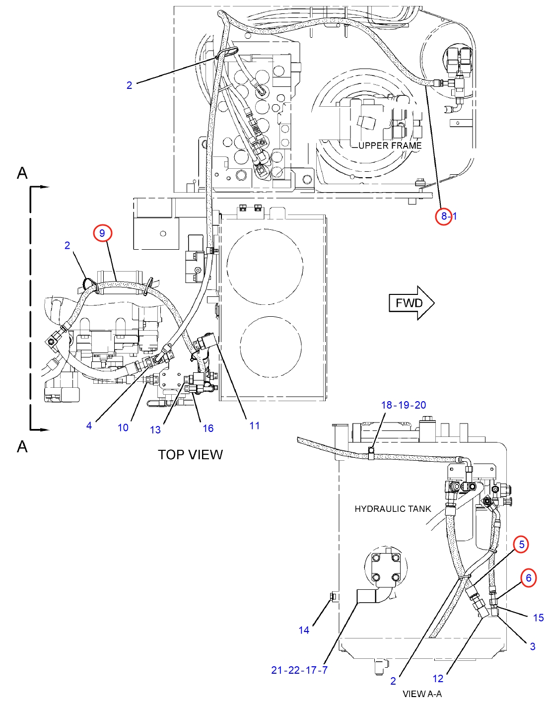 Caterpillar CAT®312D installation diagram showing hydraulic hose 269-9714 at Pipe No. 5