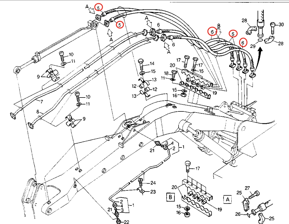 Caterpillar CAT®214B installation diagram showing hydraulic hose 8U-0504 at Pipe No. 5