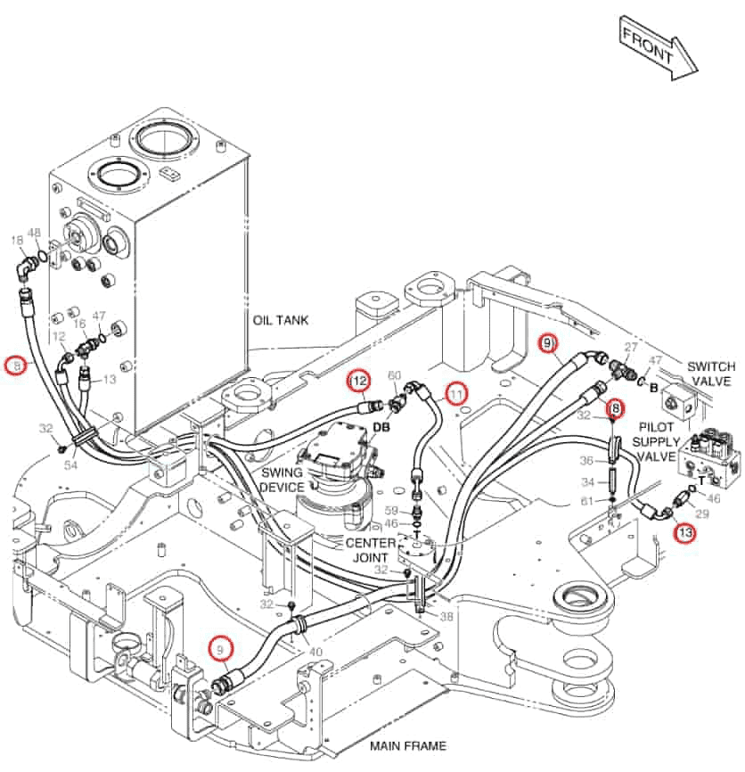 Doosan DX63-3 installation diagram showing hydraulic hose DS20531212 at Pipe No. 8