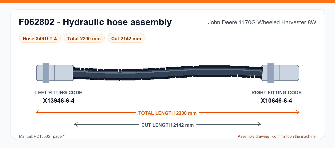 F062802 hydraulic hose assembly drawing for John Deere 1170G Wheeled Harvester 8W - 2,200 mm total length, left fitting X13946-6-4, right fitting X10646-6-4