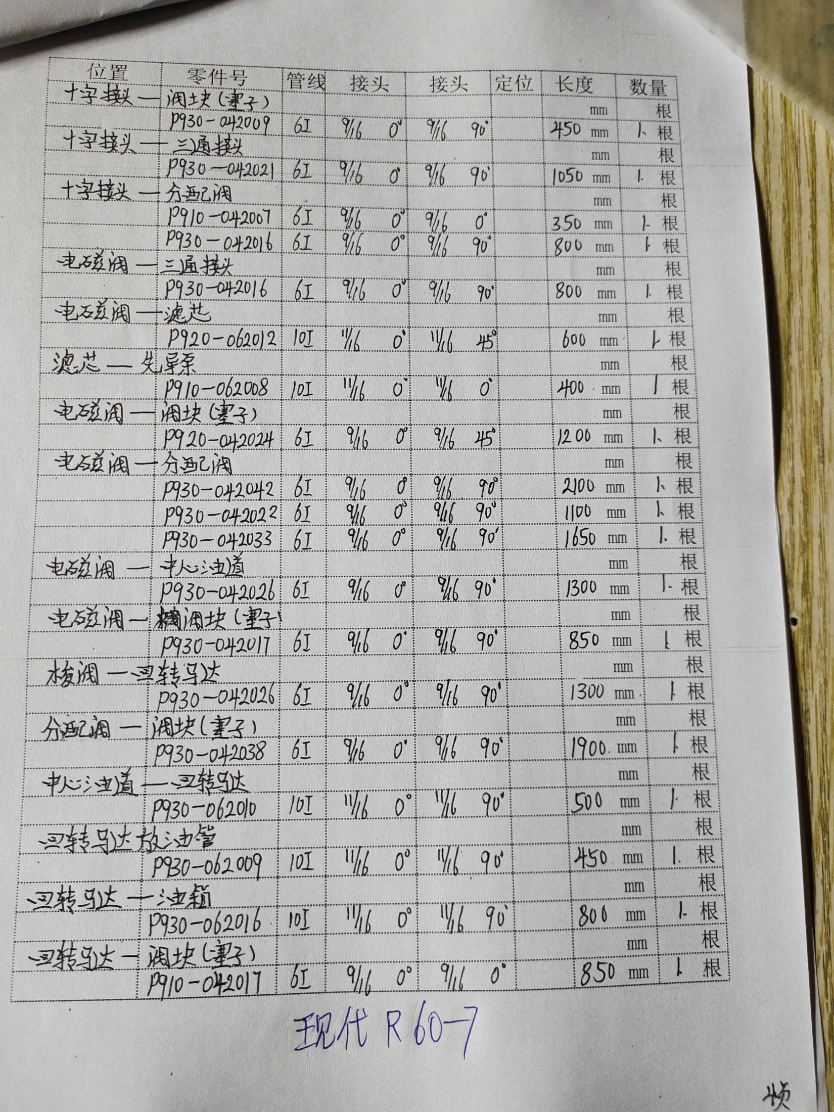 Hyundai R60-7 hydraulic hose part numbers and recorded lengths — technician notebook image 2 of 3