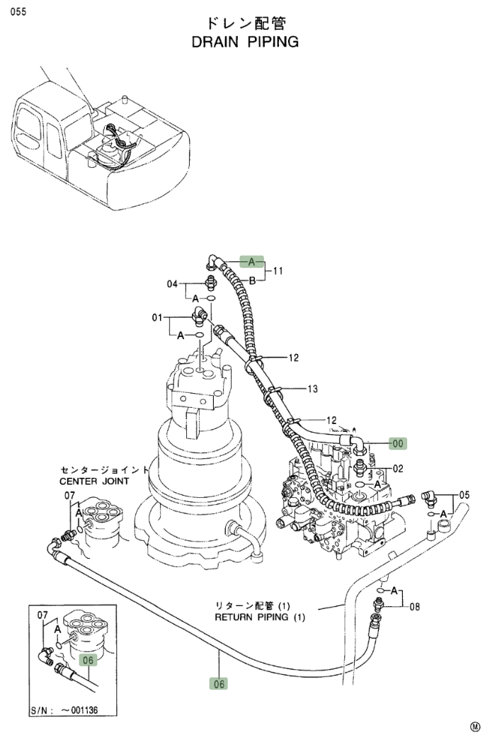 Hitachi EX160LC-5 installation diagram showing hydraulic hose 4331038 at Pipe No. 11A