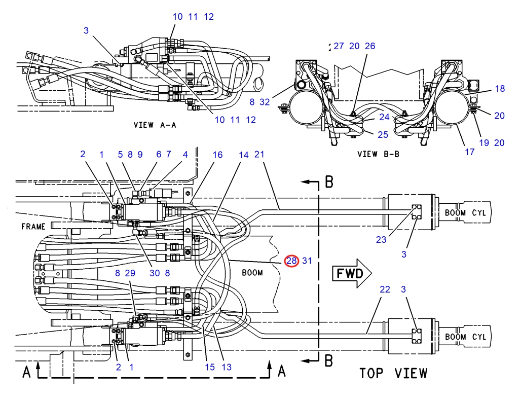 Caterpillar CAT®317-A installation diagram showing hydraulic hose 6C-6464 at Pipe No. 28