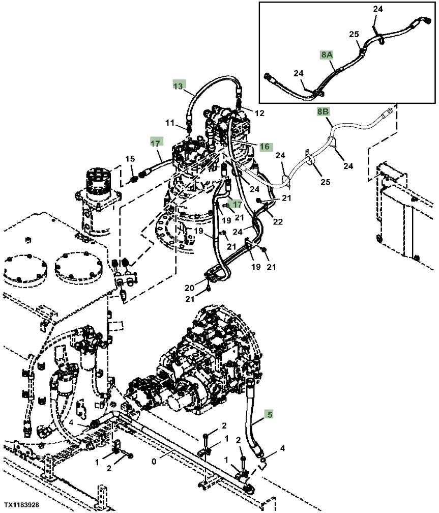 Hitachi ZX470LC-6 installation diagram showing hydraulic hose 4305142 at Pipe No. 17