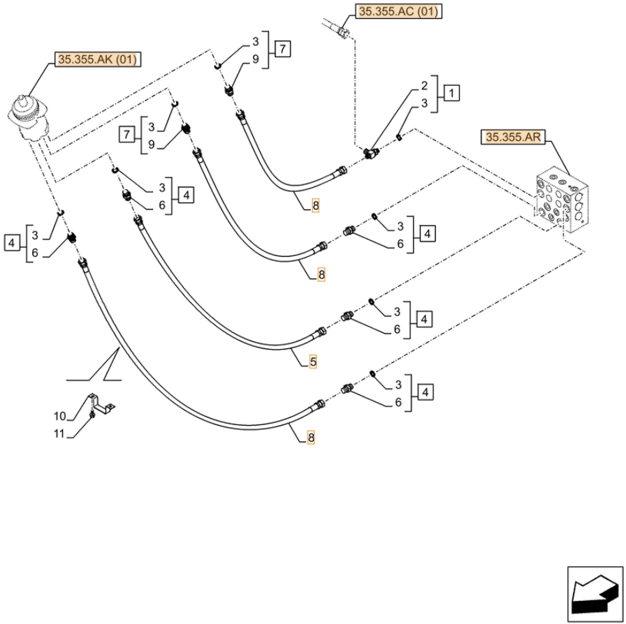 Case CX250D LC LR installation diagram showing hydraulic hose 168025A1 at Pipe No. 5