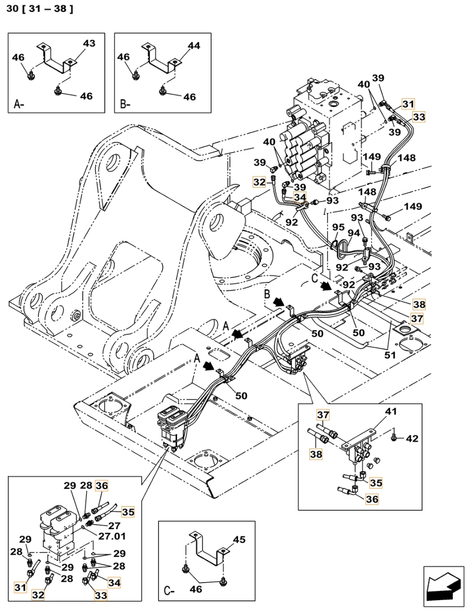 Case CX240C installation diagram showing hydraulic hose KHJ2248 at Pipe No. 32