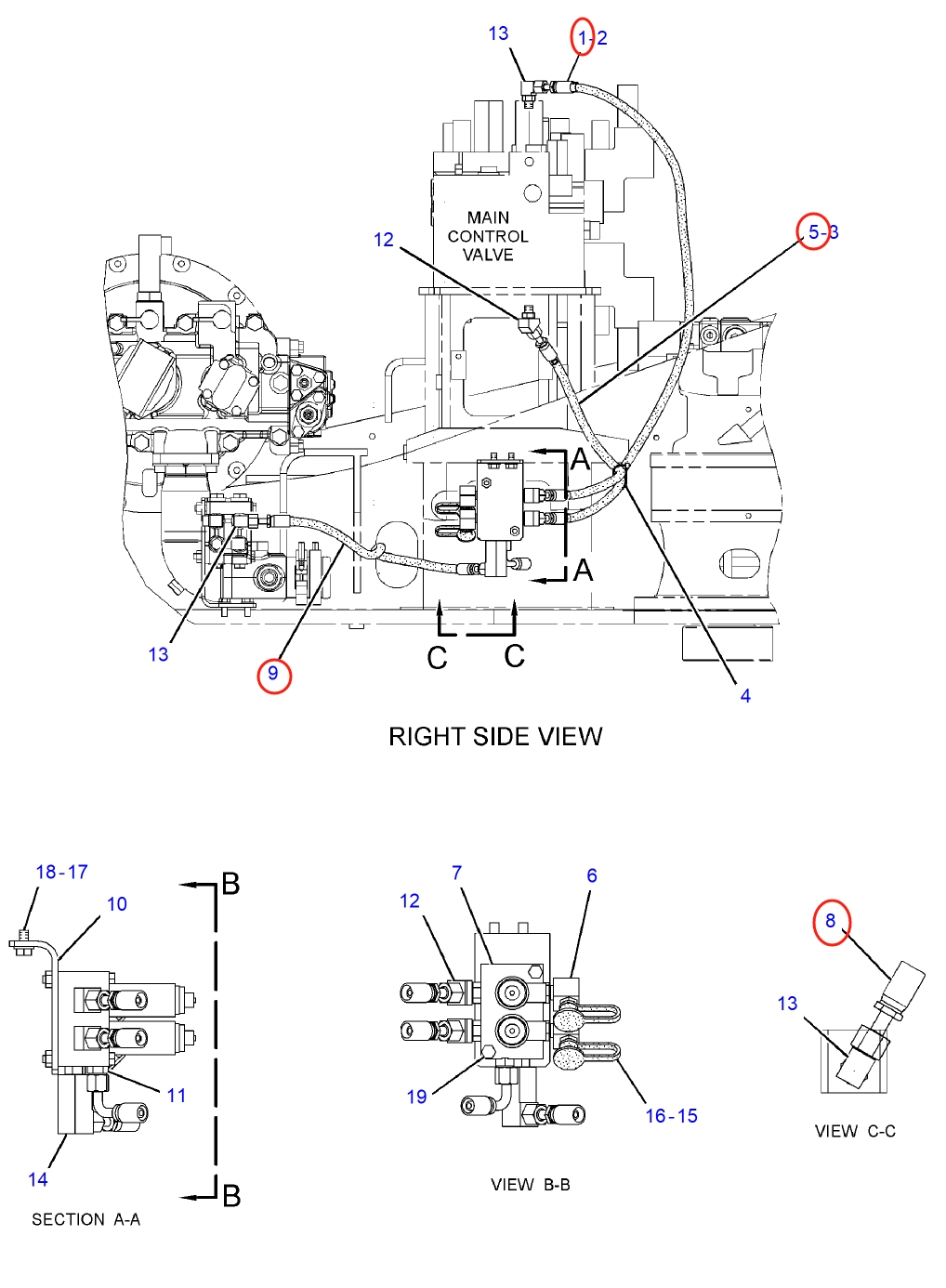 Caterpillar CAT®312D L installation diagram showing hydraulic hose 272-4142 at Pipe No. 9