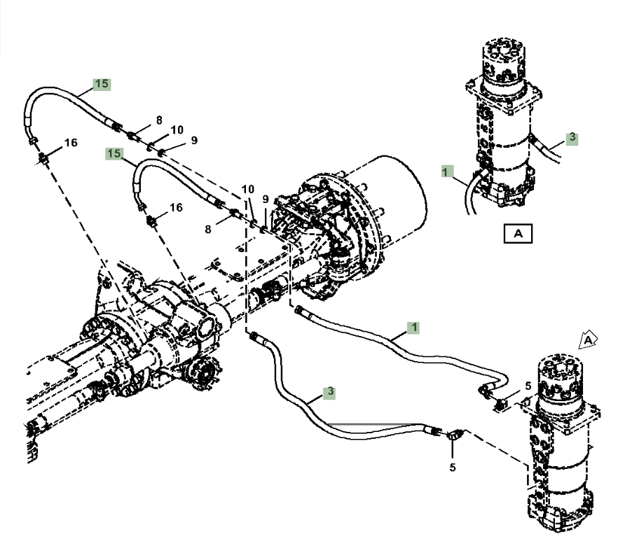 Hitachi ZX190W-6N installation diagram showing hydraulic hose 4315339 at Pipe No. 1