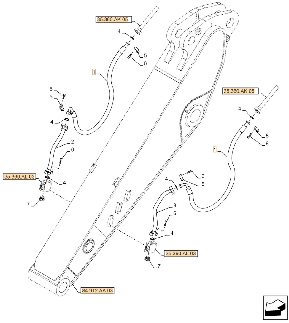 Case CX490D RTC installation diagram showing hydraulic hose KBV16090 at Pipe No. 1