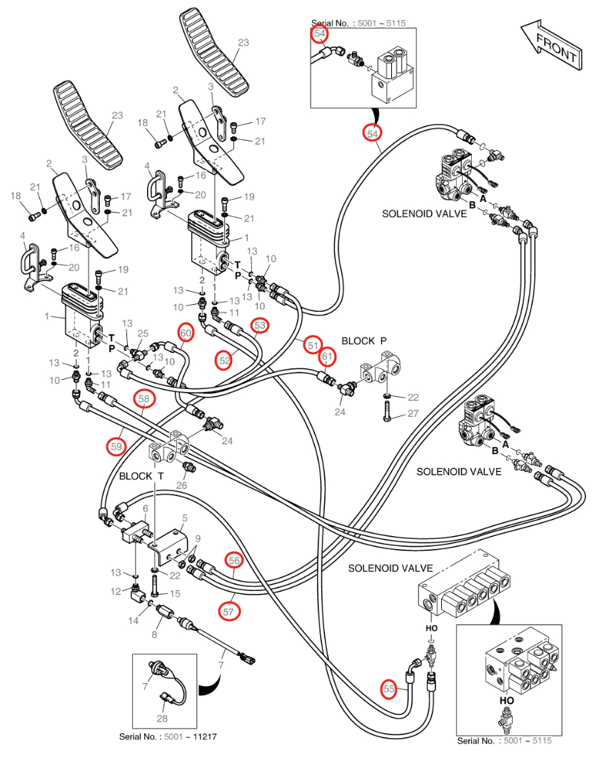 Doosan DX140W installation diagram showing hydraulic hose DS2093102 at Pipe No. 51