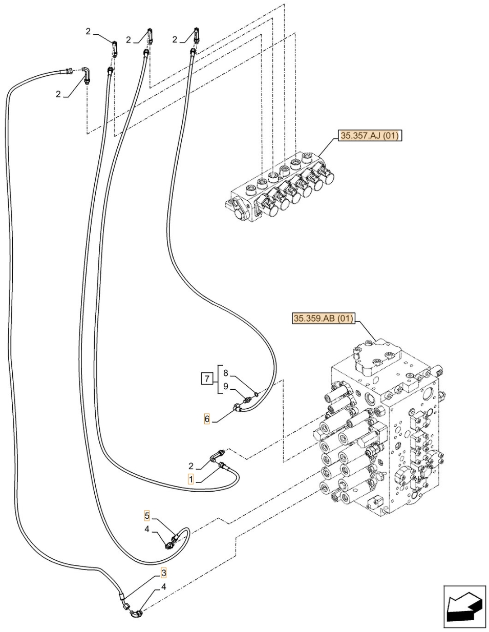 Case CX300D LC installation diagram showing hydraulic hose KHJ2047 at Pipe No. 5