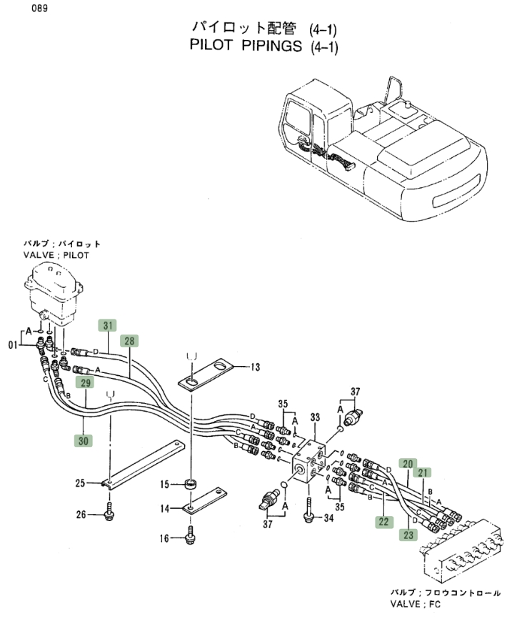 Hitachi EX300LC-3 installation diagram showing hydraulic hose 4345774 at Pipe No. 22