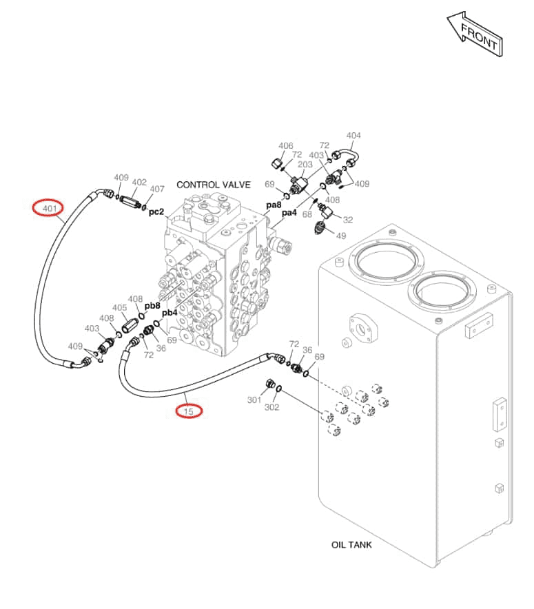 Doosan DX140LCR-5 installation diagram showing hydraulic hose DS2123123 at Pipe No. 401