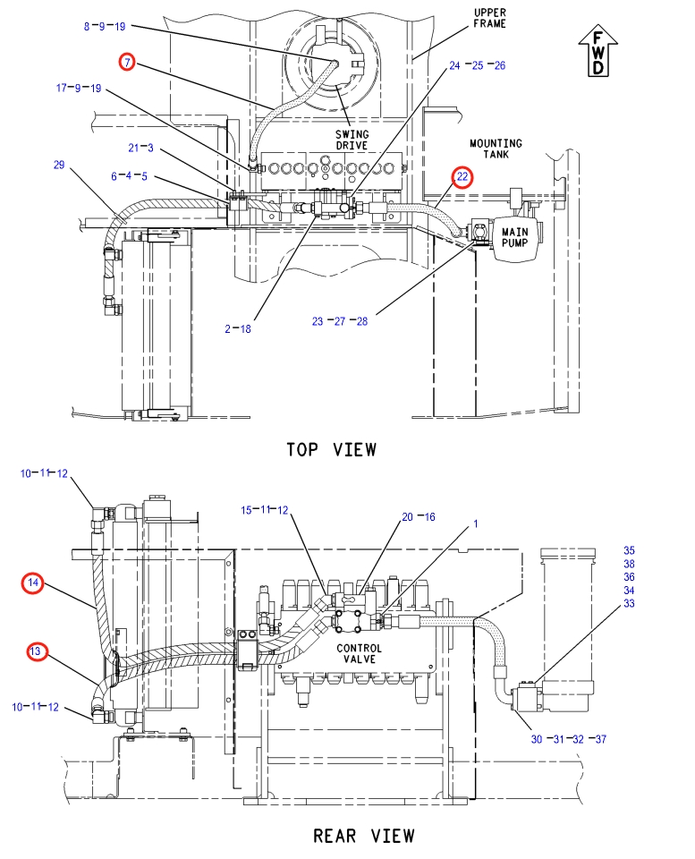 Caterpillar CAT®317B L installation diagram showing hydraulic hose 142-1040 at Pipe No. 14