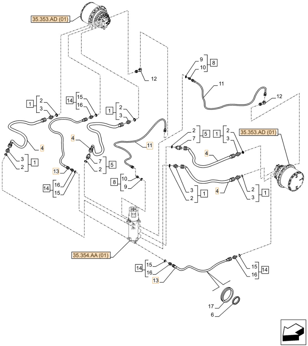 Case CX370D NLC installation diagram showing hydraulic hose KSA11830 at Pipe No. 4
