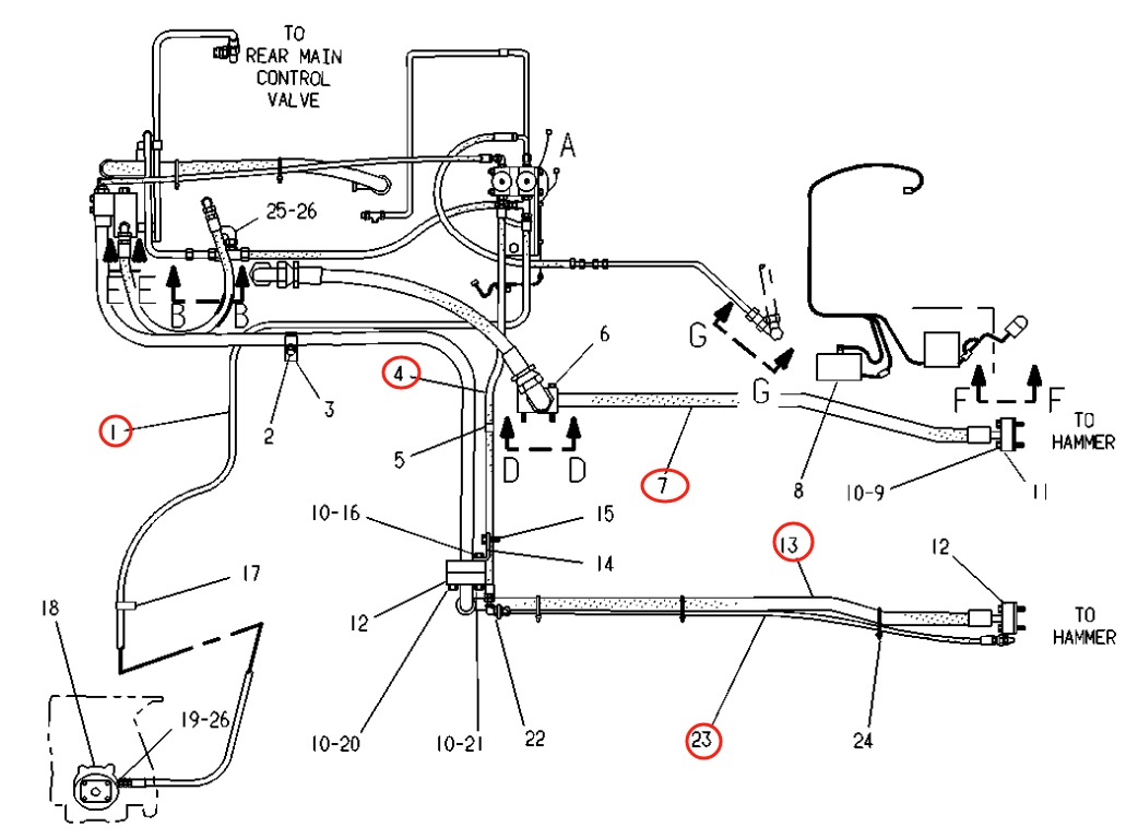 Caterpillar CAT®215C installation diagram showing hydraulic hose 2V-1821 at Pipe No. 4