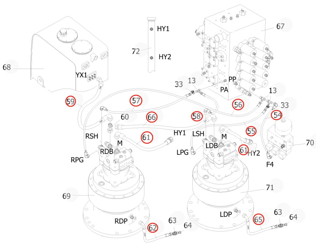 Sunward SWE500E-3 installation diagram showing hydraulic hose 730502003214 at Pipe No. 56