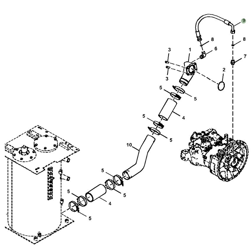 Hitachi ZX210LC-6N installation diagram showing hydraulic hose 4644625 at Pipe No. 9