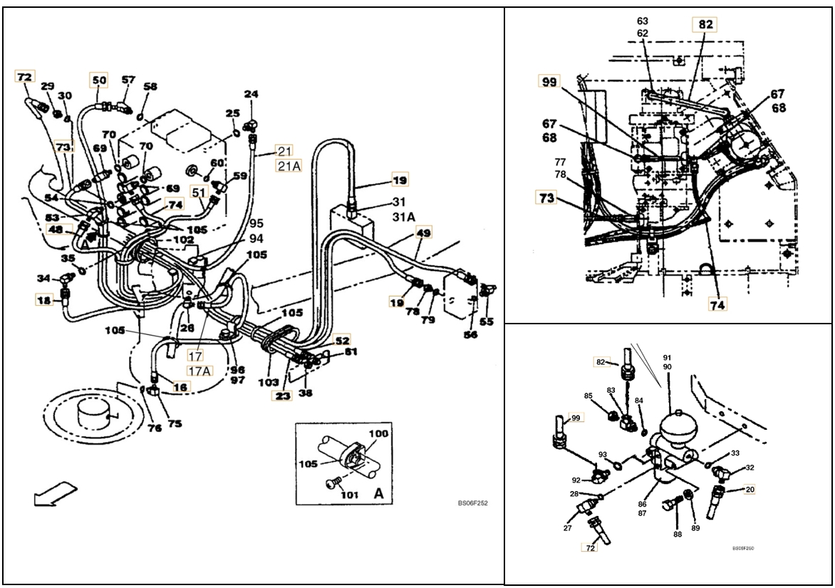 Case CX130 installation diagram showing hydraulic hose KHJ1233 at Pipe No. 73