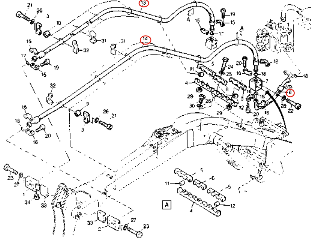 Caterpillar CAT®224B installation diagram showing hydraulic hose 8U-3335 at Pipe No. 13