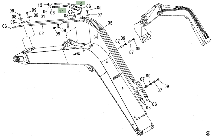 Hitachi ZX80 installation diagram showing hydraulic hose 4388835 at Pipe No. 14