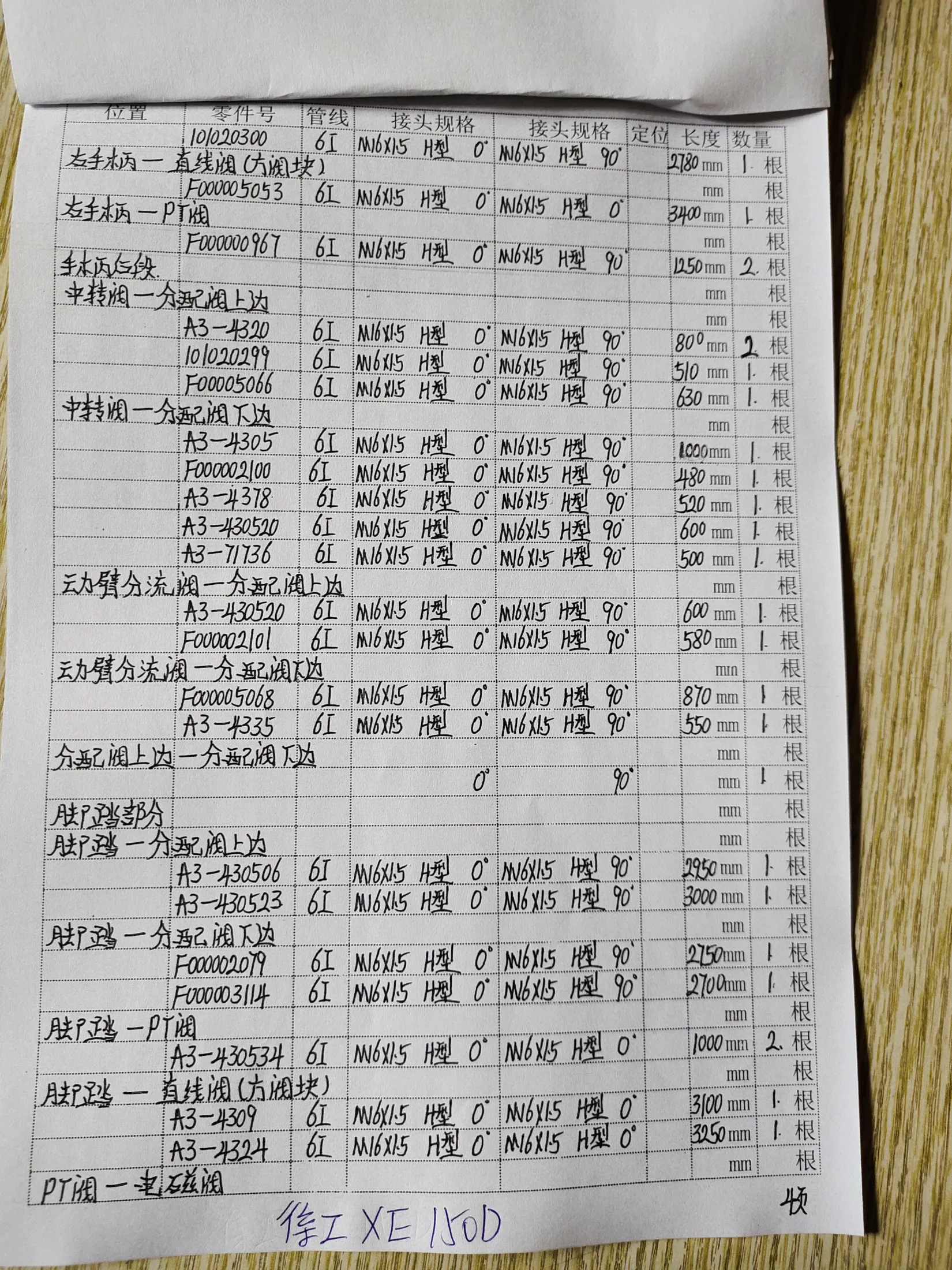 XCMG XW150D hydraulic hose part numbers and recorded lengths — technician notebook page 4 of 5 — recorded hose parts A3-430520, A3-430523, A3-430534