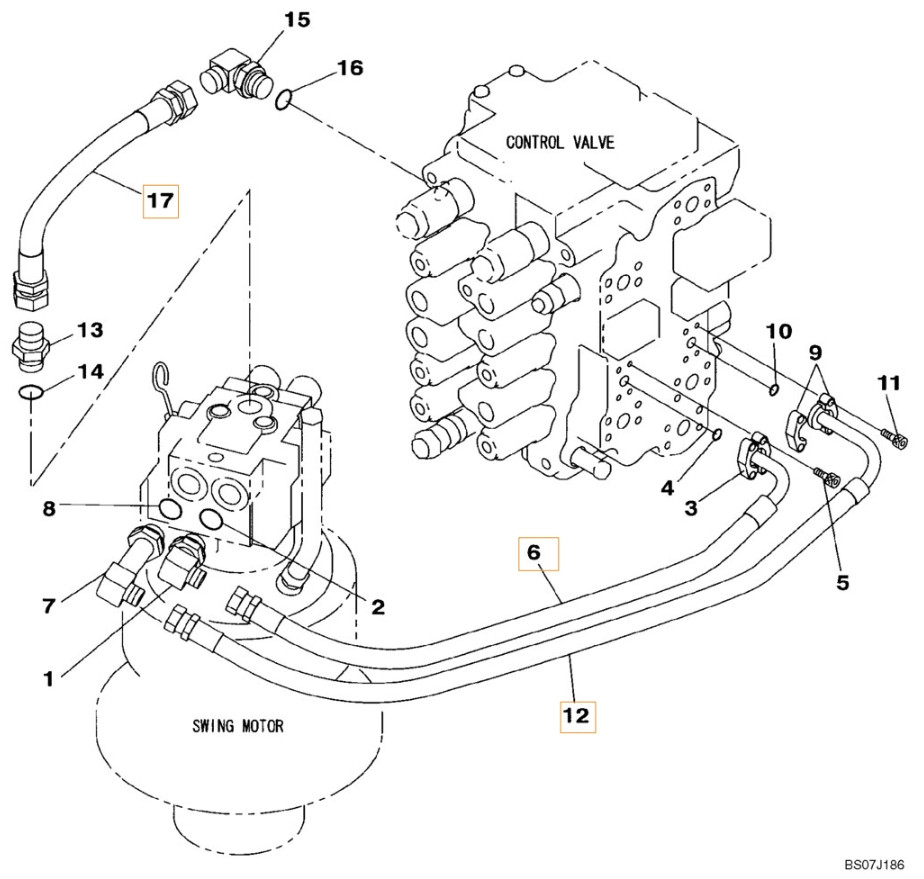 Case CX130B installation diagram showing hydraulic hose KNJ14600 at Pipe No. 17