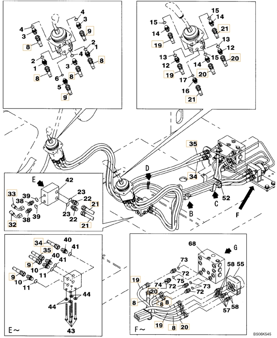 Case CX240BLR installation diagram showing hydraulic hose KRJ4381 at Pipe No. 20