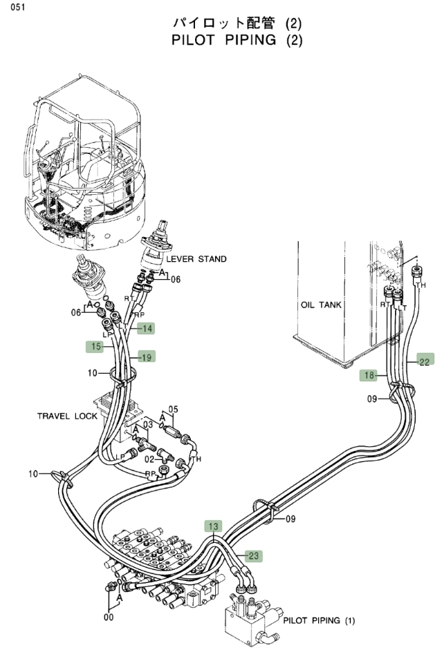 Hitachi EX17U installation diagram showing hydraulic hose 4453410 at Pipe No. 18