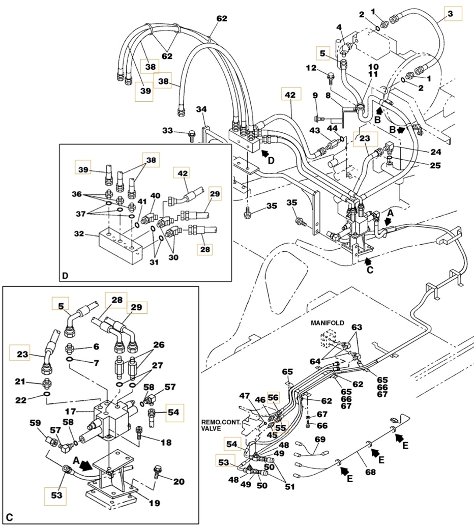 Case CX350 installation diagram showing hydraulic hose KSJ2909 at Pipe No. 3