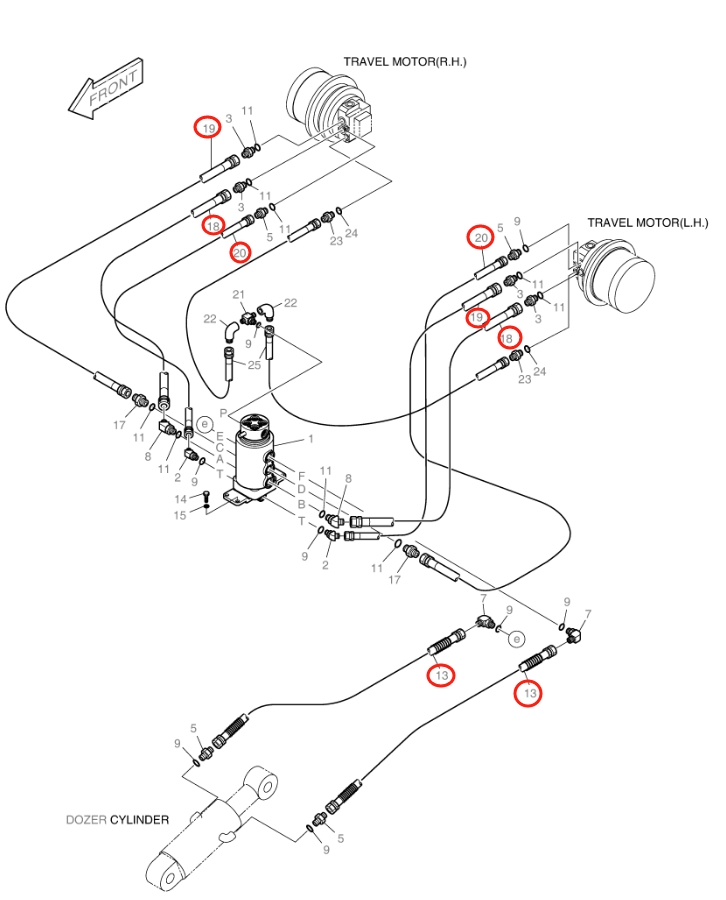 Doosan DX15 installation diagram showing hydraulic hose 2184-1060D238 at Pipe No. 19