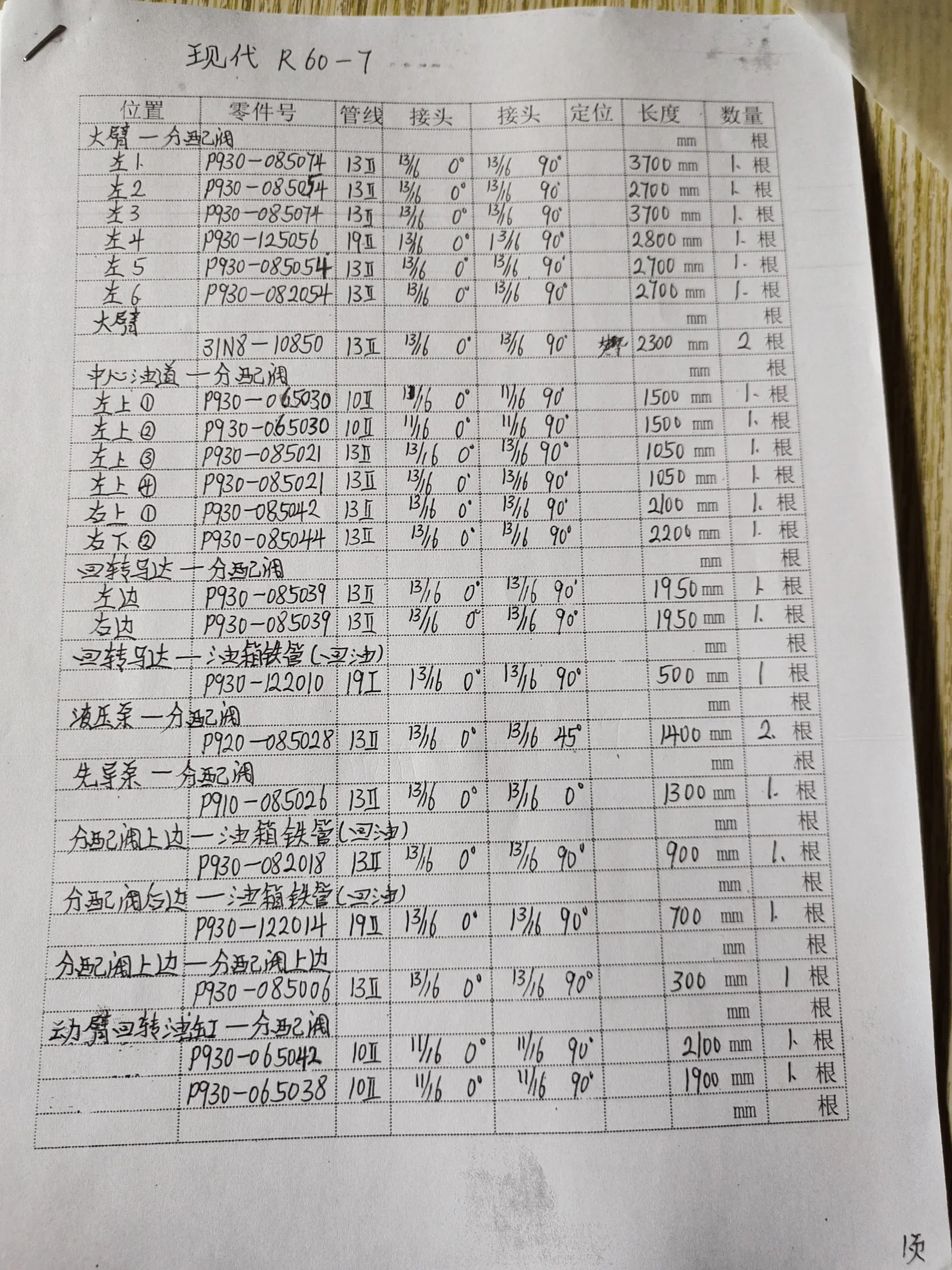 Hyundai R60-7 hydraulic hose part numbers and recorded lengths — technician notebook image 3 of 3