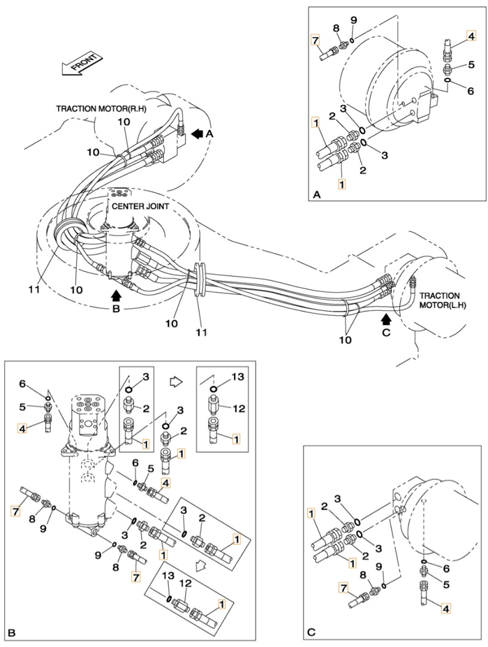 Case CX330 installation diagram showing hydraulic hose KTA1166 at Pipe No. 1