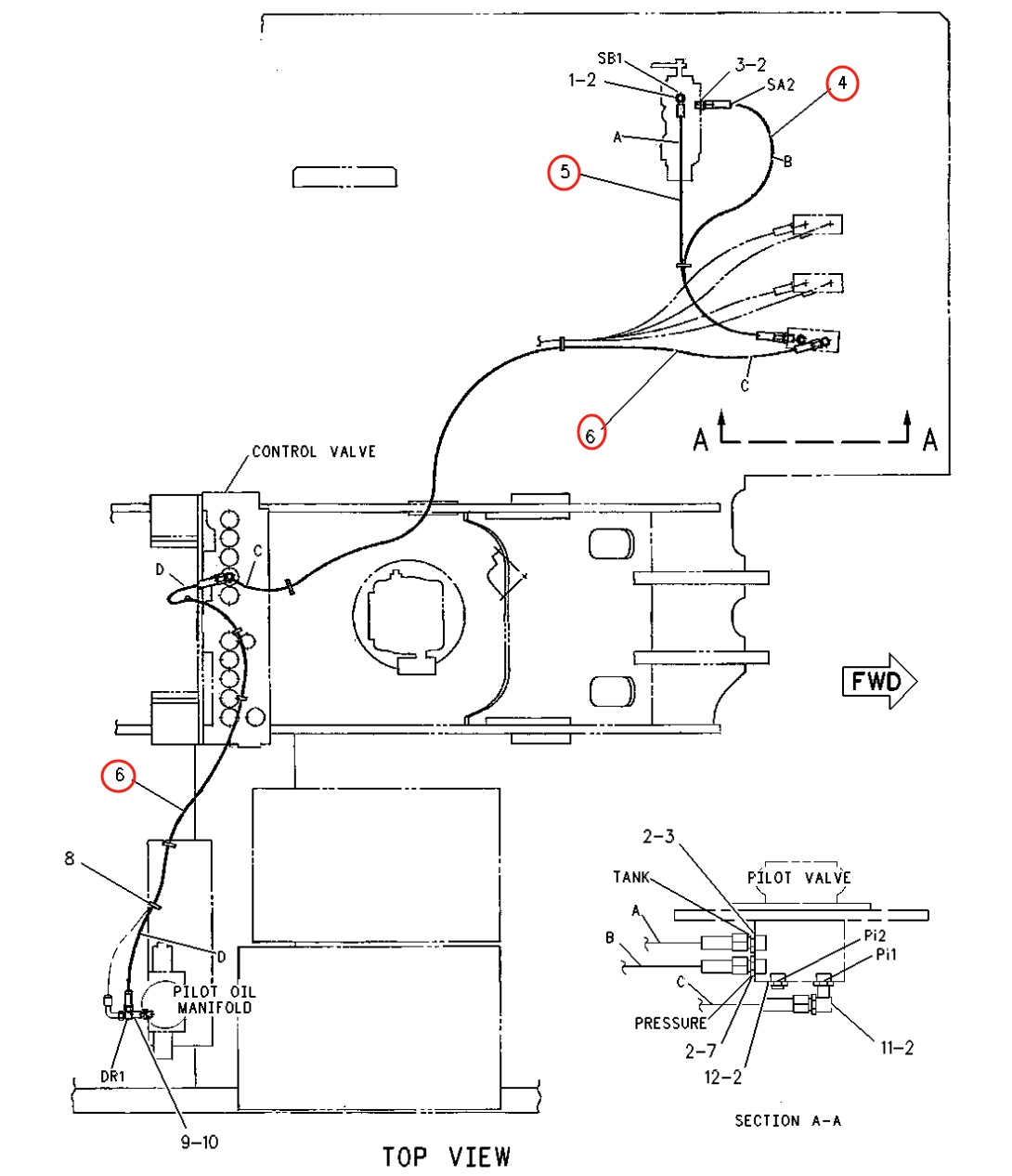Caterpillar CAT®307 installation diagram showing hydraulic hose 6I-6755 at Pipe No. 4