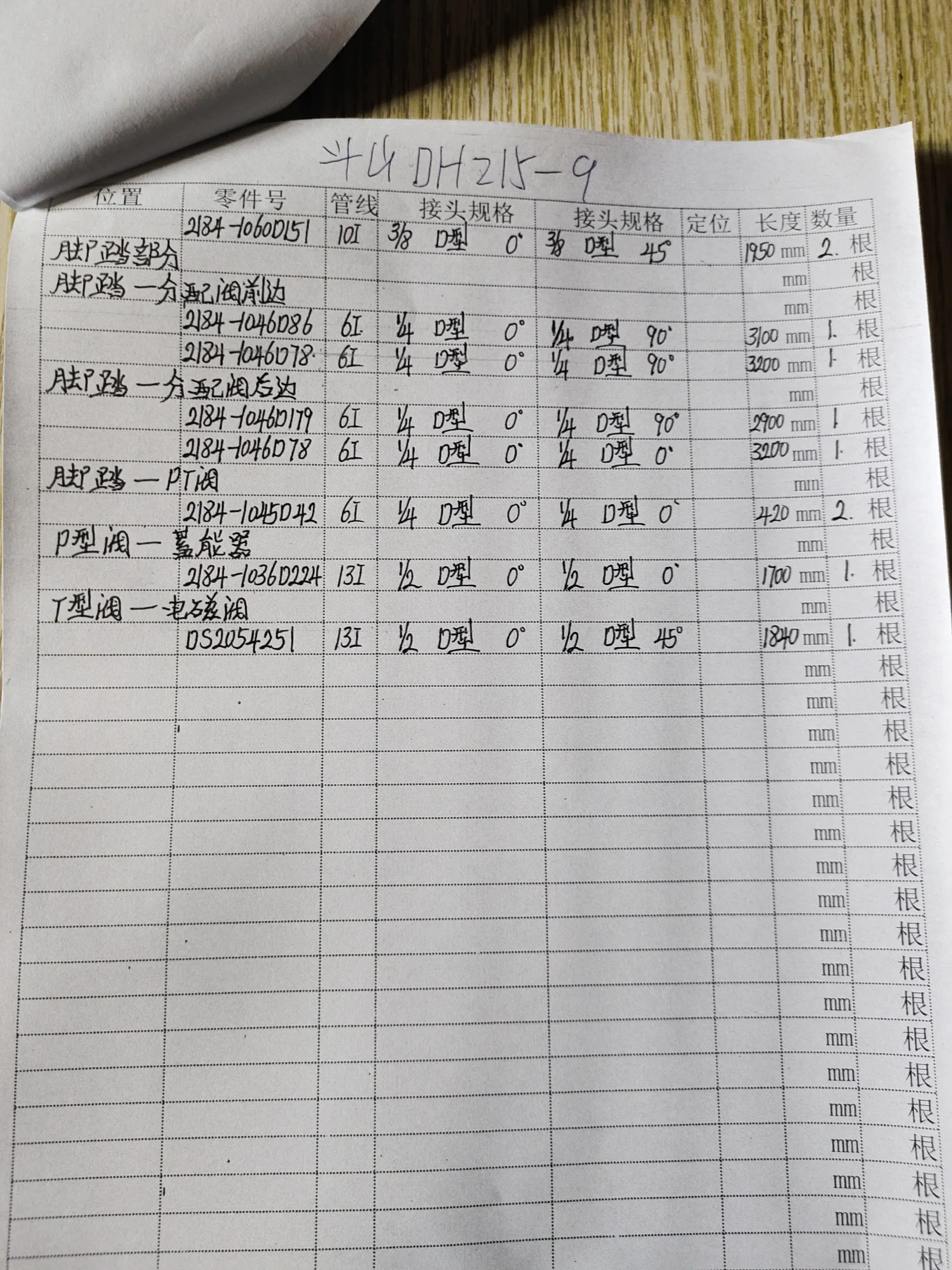 Doosan DH215-9 hydraulic hose part numbers and recorded lengths — technician notebook page 5 of 5