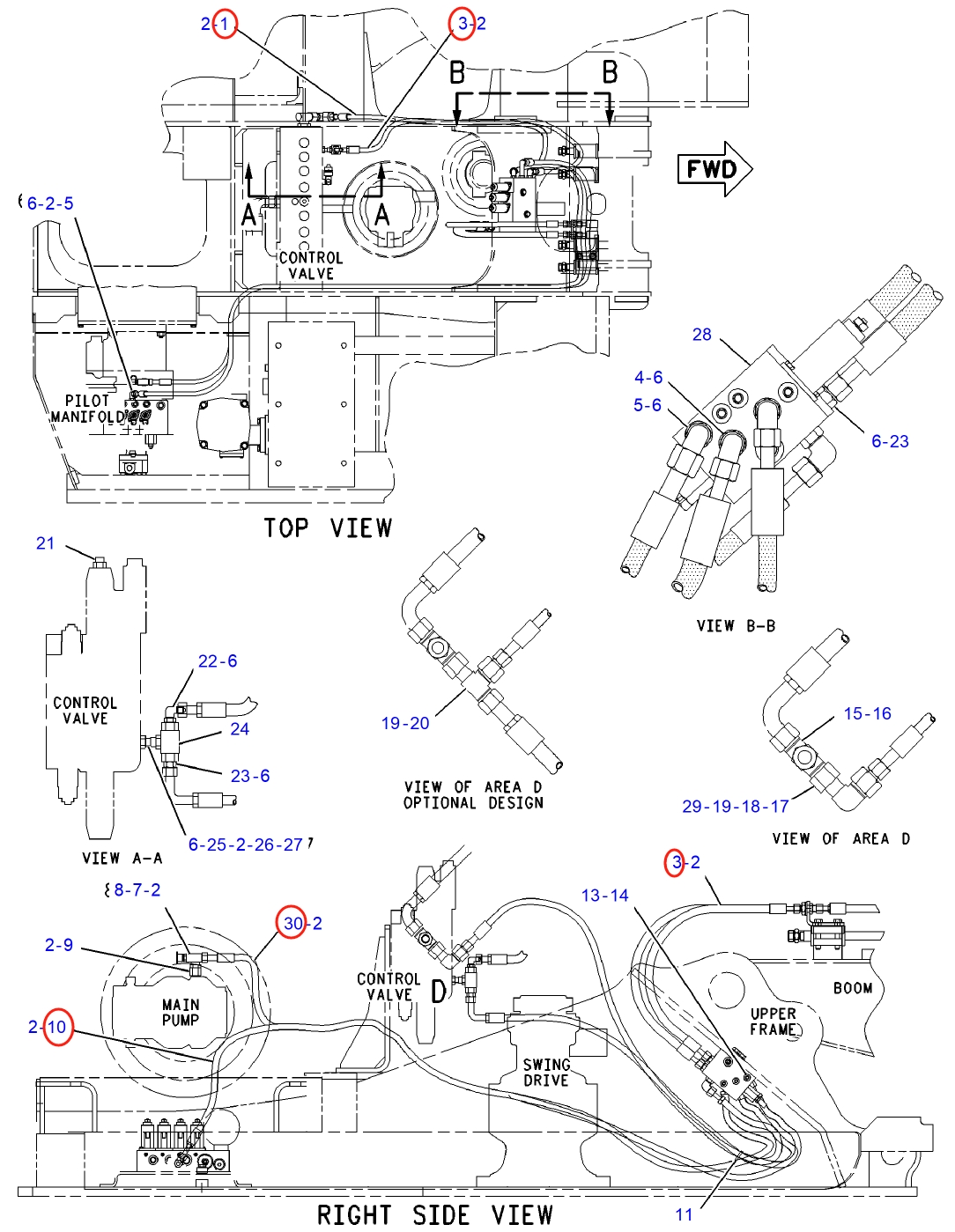 Caterpillar CAT®312B L installation diagram showing hydraulic hose 6Y-3290 at Pipe No. 1