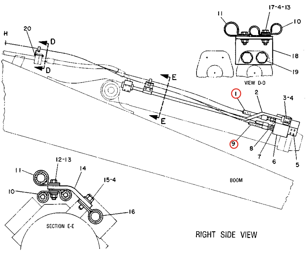 Caterpillar CAT®219 installation diagram showing hydraulic hose 6W-7642 at Pipe No. 9