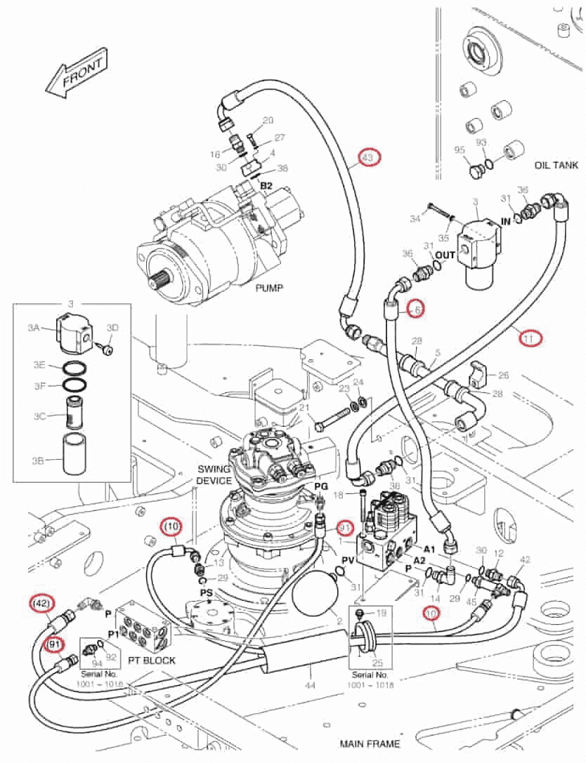 Doosan DX85R-3 installation diagram showing hydraulic hose DS2058381 at Pipe No. 6